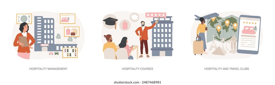 Hotel business isolated concept vector illustration set. Hospitality management and courses, travel clubs, travel office, hospitality staff training, travelers community network vector concept.