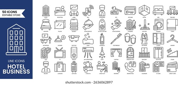 Hotel business line editable icon set. Pack of elevator, bar, toilet, reception, luggage, restaurant, kitchen, bedroom, reserve, room, and more. Vector illustration