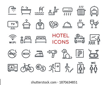 Hotel business and service. Collection of vector line icons for hostels, apartments, hotels, rent. Signs and symbols for web and mobile app UI. Isolated on white, flat design