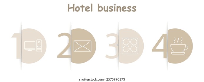 Hotel business set icon. Desktop computer, envelope, stovetop, coffee cup, communication, amenities, kitchen, refreshments, services.