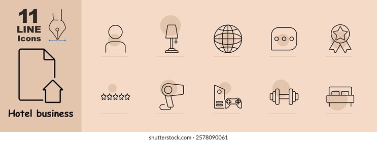 Hotel business set icon. Document, person, desk lamp, globe, chat bubble, award ribbon, stars, hairdryer, gaming console, weights, and bed. Hotel amenities, customer comfort, and entertainment