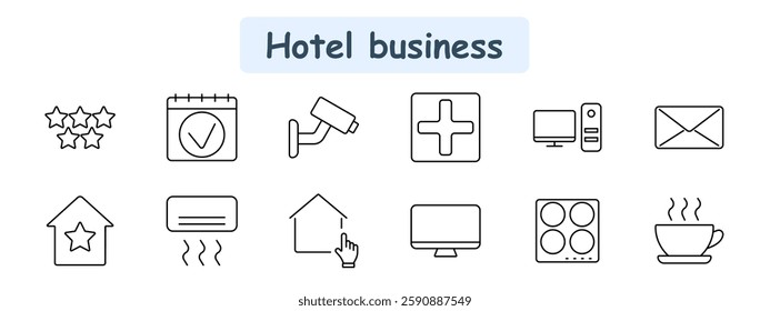 Hotel business set icon. Five-star rating, booking calendar, security camera, first aid, computer, server, email, hotel building, air conditioning, smart home, TV, kitchen, coffee cup.