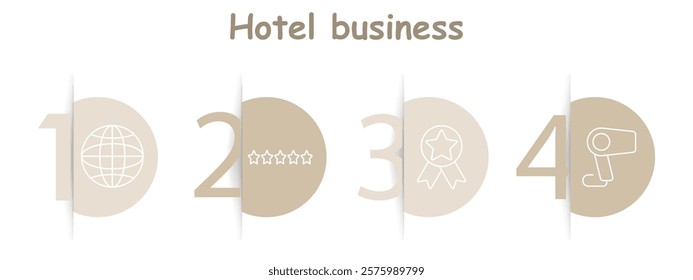 Hotel business set icon. Globe, star rating, award, hair dryer. Hospitality, quality service, travel amenities, global standards, luxury accommodation, guest comfort.