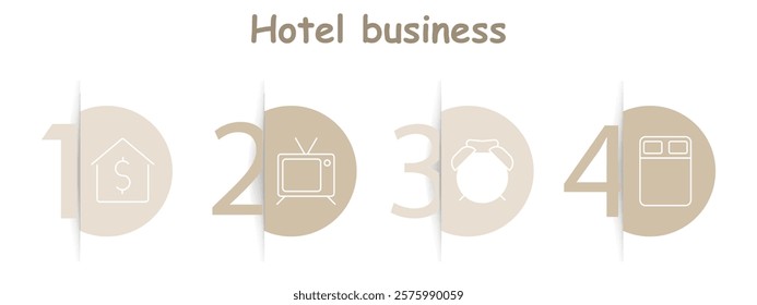 Hotel business set icon. House with dollar symbol, TV, alarm clock, bed, accommodation, pricing, relaxation, guest comfort