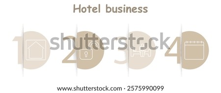 Hotel business set icon. House, open lock, bed with person, calendar, hospitality, booking, services, accommodation