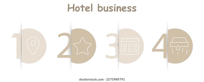 Hotel business set icon. Location, star rating, calendar, laundry. Travel planning, hospitality services, guest booking, accommodation details