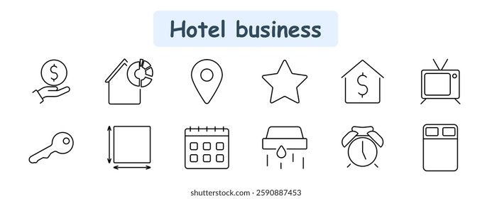 Hotel business set icon. Money, real estate statistics, location, star, rental property, TV, key, dimension, calendar, plumbing, alarm clock, bed.