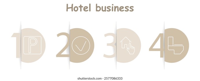 Hotel business set icon. Parking, checkmark, house, toilet, booking, comfort, accommodation, amenities, hospitality, travel.