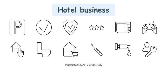 Hotel business set icon. Parking, approval, security, rating, microwave, gaming, room selection, toilet, shopping, electric toothbrush, faucet, room key.