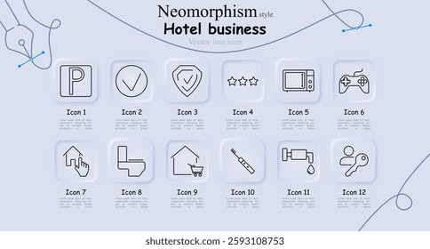 Hotel business set icon. Parking, approval, security, hotel rating, microwave, gaming console, home selection, toilet, shopping, toothbrush, water supply, room key.