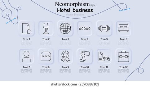 Hotel business set icon. Property document, table lamp, global connectivity, star rating, gym, bedroom, guest profile, chat message, award badge, hairdryer, gaming console, business suitcase.