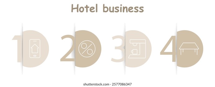 Hotel business set icon. Smartphone, discount, coffee machine, table, hospitality, comfort, travel, reservation, service, tools.