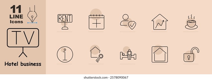 Hotel business set icon. TV, rent sign, calendar, guest verification, house with arrow, coffee, information symbol, key with house, room service, and padlock. Hotel facilities and rental management.