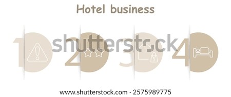 Hotel business set icon. Warning sign, two-star rating, hotel building, bed. Hospitality safety, accommodation ranking, guest stay, travel services