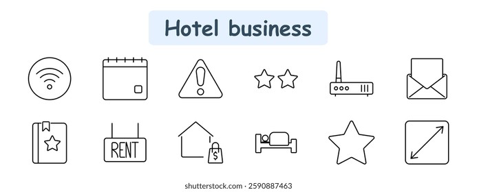 Hotel business set icon. Wi-Fi, calendar, warning, stars, router, mail, guidebook, rent sign, real estate, hotel bed, rating, size adjustment