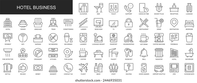 Iconos web de negocios hoteleros en diseño de línea delgada. Paquete de ascensor, bar, aseo, recepción, equipaje, restaurante, cocina, dormitorio, reserva, habitación, otros pictogramas de contorno de trazo. Ilustración vectorial.