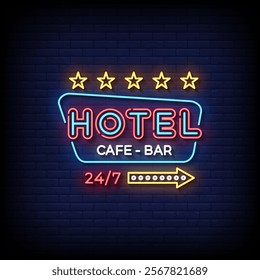 hotel cafe and bar neon sign style with brick wall background vector