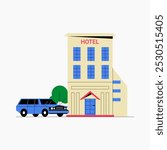 Hotel with car parked in flat vector illustration symbolizing travel, accommodation, and tourism, isolated on white background.