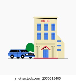 Hotel with car parked in flat vector illustration symbolizing travel, accommodation, and tourism, isolated on white background.
