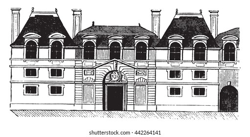 Hotel Carnavalet facade before restoration operated by Mansart, vintage engraved illustration. Magasin Pittoresque 1843.