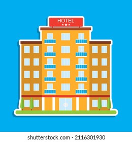 Hotel, cartoon hotel icon in a white stroke on a blue background. Cartoon illustration. Vector.