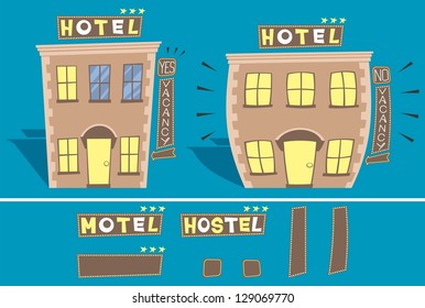 Hotel: Cartoon illustration of small hotel in 2 versions: with and without free rooms.  You can edit the signs. No transparency and gradients used.