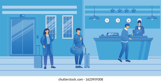 Hotel check in flat vector illustration. Tourists with baggage at reception. Receptionist at front desk with guests in waiting area. Hospitality service. Travelers with suitcases cartoon characters
