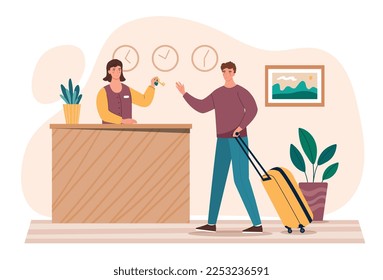 Hotel check in. Man with luggage next to girl at key counter. reception and employee receives client. Booking and travel, tourist. Poster or banner for website. Cartoon flat vector illustration