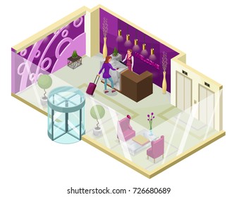 Hotel check in isometric 3d illustration with people, lobby, reception desk, marble furniture, trendy interior design, inside room view, vector illustration