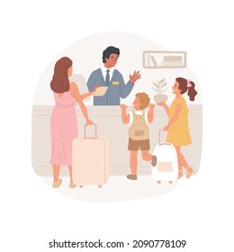 Hotel check-in isolated cartoon vector illustration. Family standing at check-in desk, giving documents, holding luggage, receptionist smiling to curious kids, arrival to hotel cartoon vector.