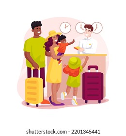 Ilustración de vectores de dibujos animados aislados del registro de hoteles. Familia parada en el mostrador de registro de entrada, entregando documentos, portando equipaje, recepcionista sonriendo a niños curiosos, llegada a la caricatura del vector del hotel.