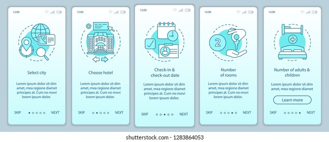 Hotel choosing onboarding mobile app page screen vector template. Trip planning walkthrough website steps. Booking accommodation, apartment. Hostel, motel reservation. UX, UI, GUI smartphone interface