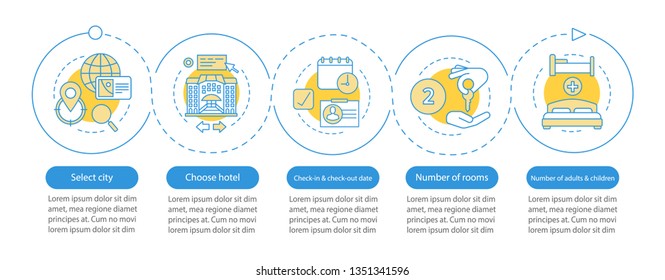 Hotel choosing vector infographic template. Trip planning. Business presentation design elements. Data visualization with steps and options. Process timeline chart. Workflow layout with linear icons