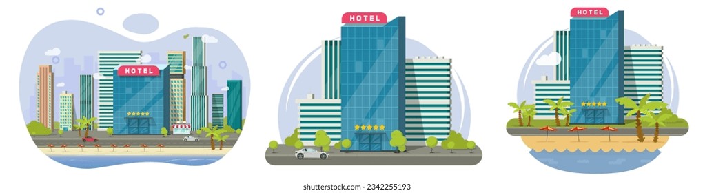 Hotel city tower building on street road vector graphic illustration, beach landscape on sea ocean coastline water as tourism image, urban landscape for travel scene, skyscraper skyline horizon set