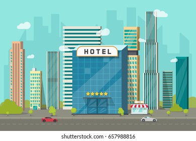 Hotel in the city view vector illustration, flat cartoon hotel building on street road and big skyscraper town landscape, font view cityscape panorama clipart