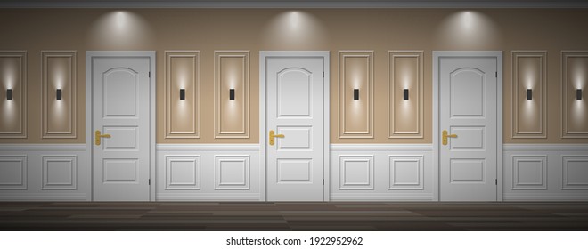 hotel classic interior corridor doors lamps front view vector illustration