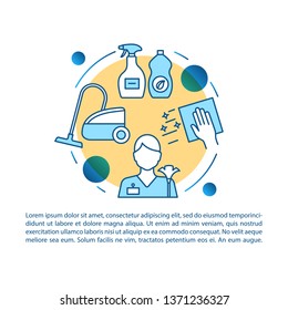 Hotel cleaning article page vector template. Vacuuming and wiping. Brochure, magazine, booklet design element with linear icons and text boxes. Print design. Concept illustrations with text space