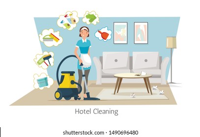 Hotel Cleaning Flat Cartoon Banner Vector Illustration. Maid Vaccuming Carpet on Floor. Janitor with Cleaning Equipment. Woman in Uniform with Detergents. Dirty Room with Trash on Table.