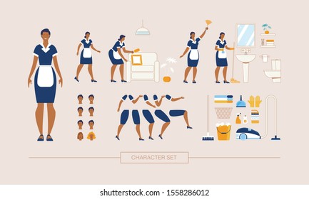 Hotel Cleaning Service Maid Character Constructor Isolated, Trendy Flat Design Elements Set. Working Female Servant in Uniform Various Poses, Body Parts, Face Expressions, Cleaning Tools Illustrations