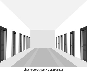 Hotel, clinic or hostel hall with black and white color. Corridor with doors in perspective view.