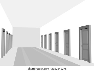 Hotel, clinic or hostel hall with black and white color. Corridor with doors in perspective view