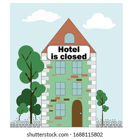 Hotel is closed because of coronavirus quarantine. Colorful house with lawn and trees. Vector stock illustration in cartoon style.