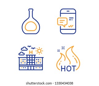 Hotel, Cognac bottle and Smartphone notification icons simple set. Hot sale sign. Travel, Brandy alcohol, Chat message. Shopping flame. Business set. Linear hotel icon. Colorful design set. Vector