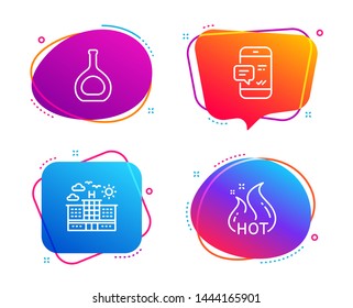 Hotel, Cognac bottle and Smartphone notification icons simple set. Hot sale sign. Travel, Brandy alcohol, Chat message. Shopping flame. Business set. Speech bubble hotel icon. Vector