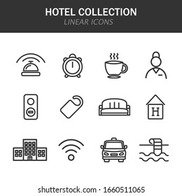 Hotel collection linear icons in black on a white background
