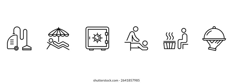 Hotel comfort and luxury service icon set with cleaning relaxation spa security massage sauna dining beach leisure in outline.