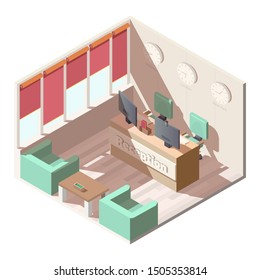 Hotel, company office reception hall interior with comfortable armchairs and coffee table, computer monitors on receptionists desk, different time zones clocks on wall isometric vector illustration