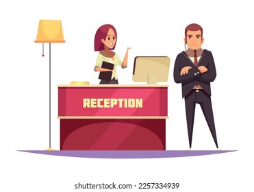Hotel composition with doodle style human characters of hotel staff wearing classic costumes vector illustration