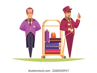 Hotel composition with doodle style human characters of hotel staff wearing classic costumes vector illustration