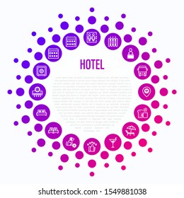 Hotel concept in circle shape. Thin line icons: rating, pet allowed, single bed, double bed, elevator, arrival date, departure date, heating, air con, reception, wi-fi, breakfast. Vector illustration